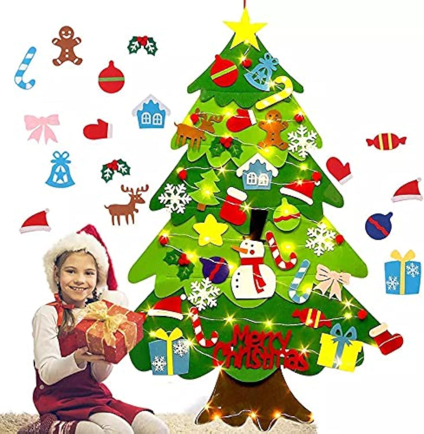 أخرى DIY Felt Christmas Tree Set With LED Lights and 32 Pieces of Detachable Decorations Christmas Tree Home Decoration Children Christmas Gift Christmas Door Wall Hanging Decoration