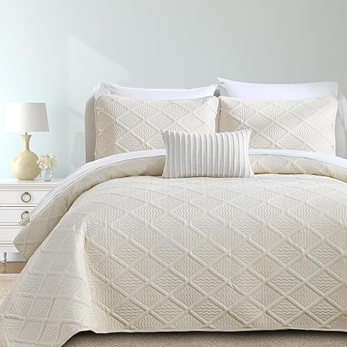 Yiran Juego de edredón beige tamaño King, colcha ligera con patrón de diamante ultrasónico de microfibra suave para todas las estaciones, estilo