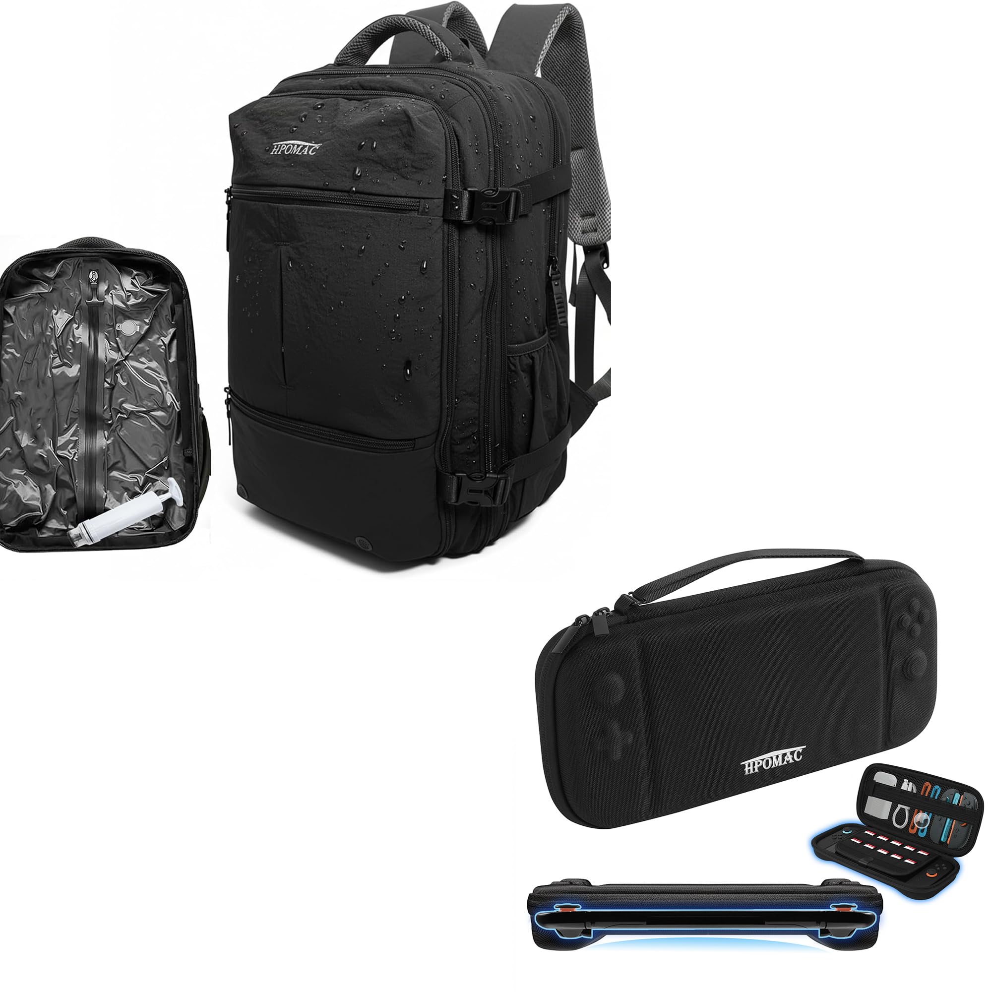 HPOMAC Vacuum Compression Backpack, Carry-On Size Travel Backpack with Vacuum System and Pump & Nintendo Switch 2 Carrying Case, Slim Hard Shell Travel Case