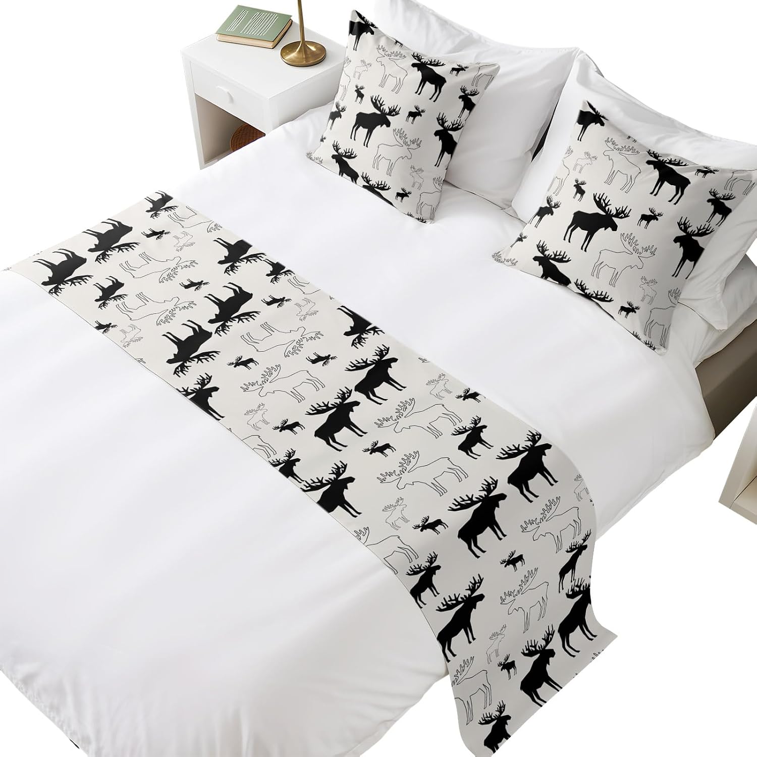 Black Moose Bed Runners for Full/Queen Size Bed, Modern Abstract Art Bedroom Hotel Wedding Room Bedding Scarf Protector Beds Scarves Throw for Foot and Pillowcase Set 18x18in