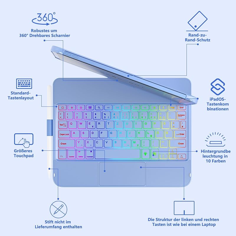 TQQ iPad 11 10.9 Billentyűzet Tok Trackpad 7 Szín Háttérvilágítás 360°