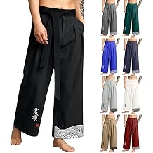 Men's Japanese Embroidered Linen Pants Loose Fit Hakama Trousers with Tie and Pockets Baggy Wide Leg Traditional Kimono Bottoms Lightweight Summer Casual Trousers