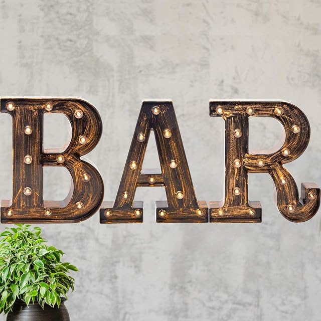 Vintage Industrial BAR Sign Decorative Led Illuminated Letter Lights Marquee BAR Signs - Black Light Up Letters  Lighted Bar Decor (23.03-in x 8.66-in) (Retro - BAR)