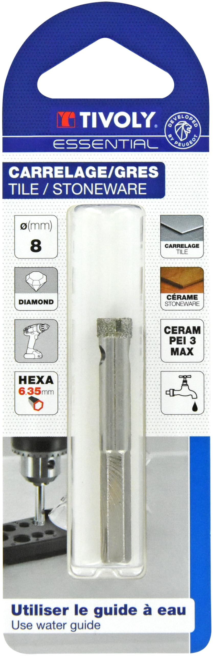 Foret Diamant à Eau TIVOLY 8mm - Pour Carrelage, Grès Cérame, Céramique - Queue 3 Méplats