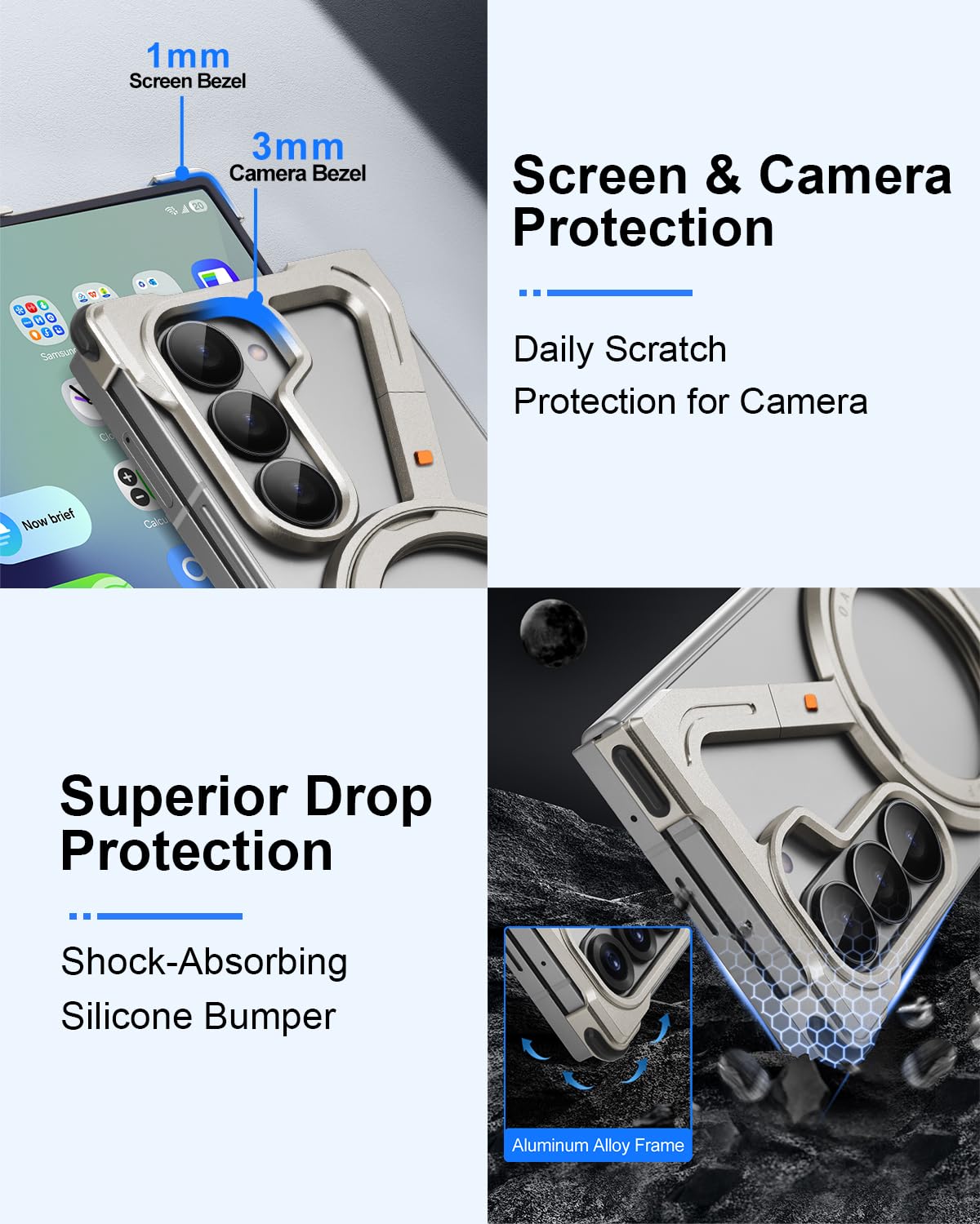 Etui do Samsung Galaxy Z Fold 7 ze stojakiem, magnetyczna obrotowa podpórka Z Fold7 etui bez ramy, aluminiowa metalowa smukła obudowa na telefon do Galaxy Z Fold 7, srebrne