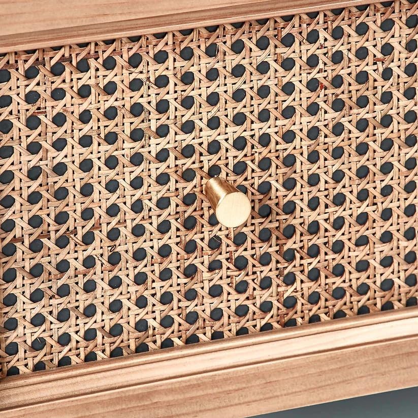 Image of Modern 3-Drawer Chest, Cane Woven Front Panels, Natural Wood and Black Frame, Living Room Storage L80 X W42 X H78 CM