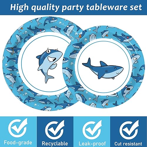 Miniatura 2 de Juego de vajilla de 96 piezas de tiburones lindos para 24 invitados para decoración de mesa temática de océano, suministros de tiburón, platos de