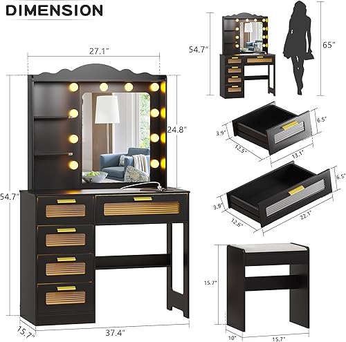 Miniatura 6 de Gurexl Mesa de tocador con espejo iluminado, mesa de maquillaje con 10 luces LED, juego de mesa de maquillaje grande y moderno con taburete de