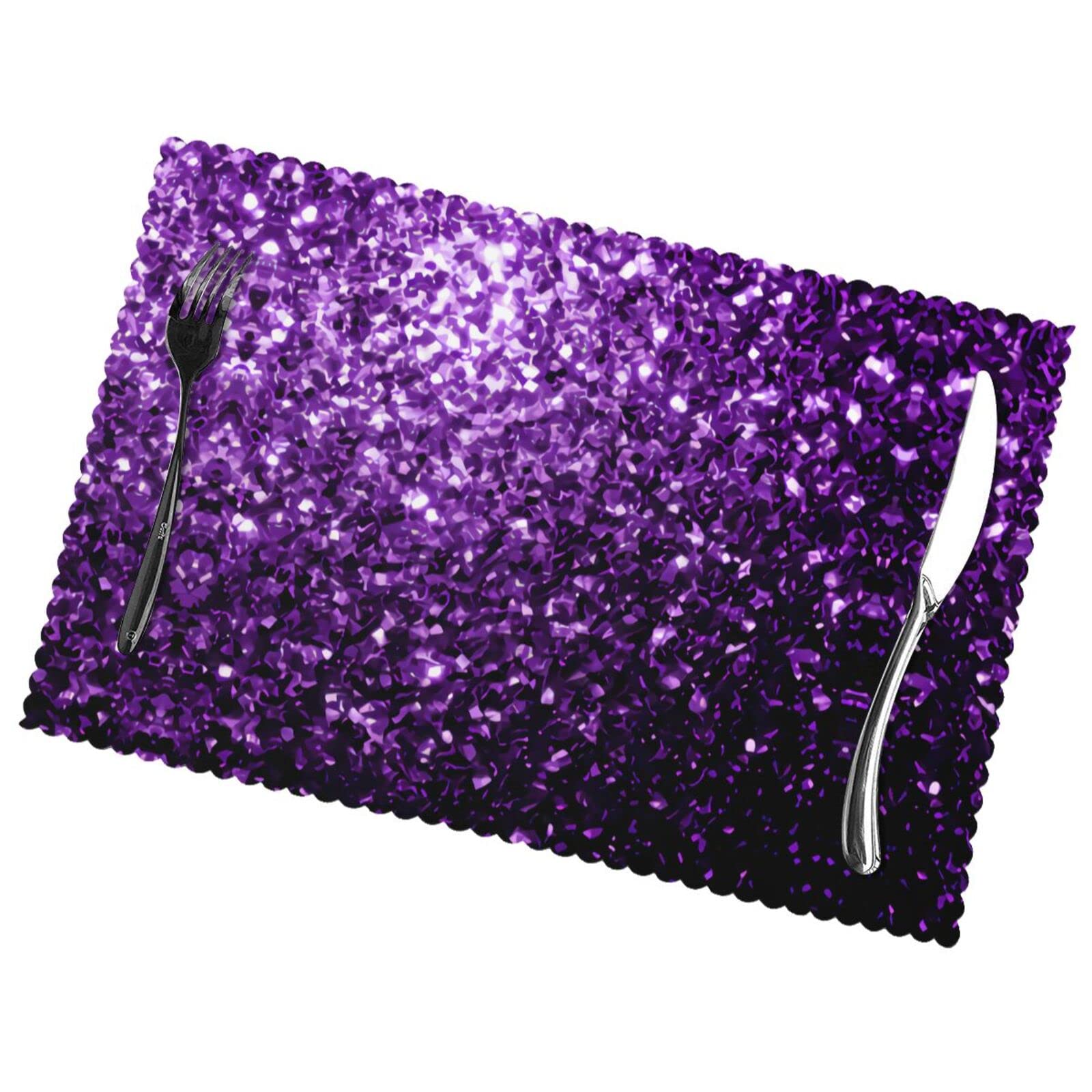 Beautiful Purple Glitter Print Premium Oil And Heat Resistant Placemats For Dining Table Set (6-Pack) - 12x18in