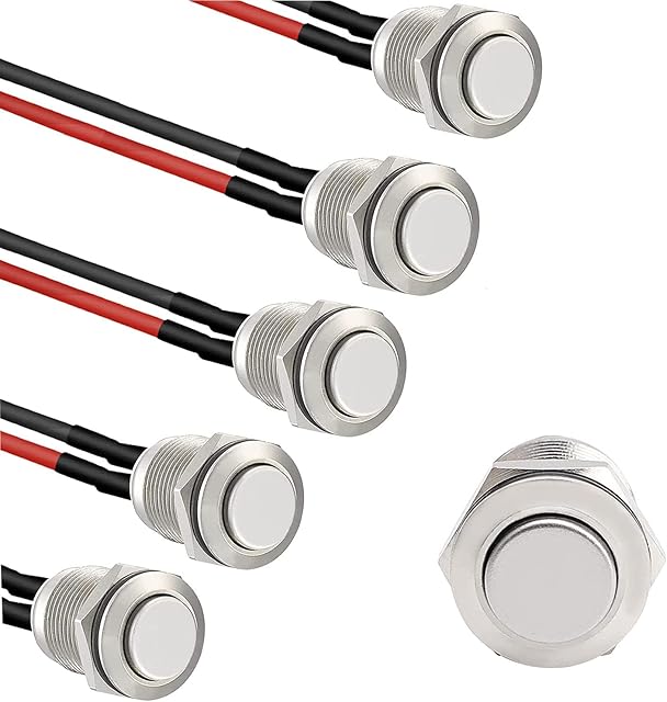 RUNCCI-YUN 5 Pieces 12 mm Momentary Push Button Switch Waterproof Push Button Switch Round Momentary Switch with Pre wiring,DIY Stainless Steel Normally Open Metal Push Start Button (High Head)
