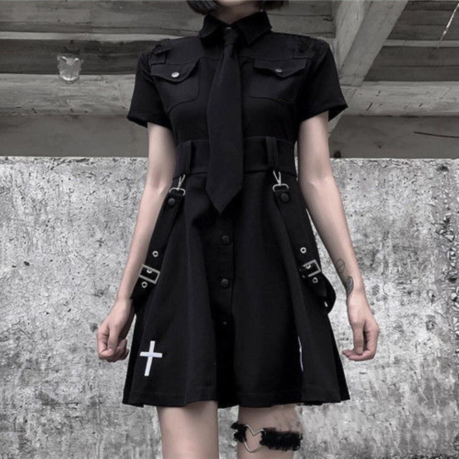 Robe gothique japonaise Lolita pour femme, style croix punk académie, noir, grande taille