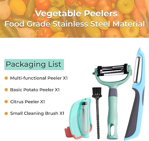 Miniatura 8 de BuyBrilliance Peeler Juego de 3 peladores de frutas de acero inoxidable, 3 en 1, pelador de papas con hoja giratoria para verduras sin esfuerzo,