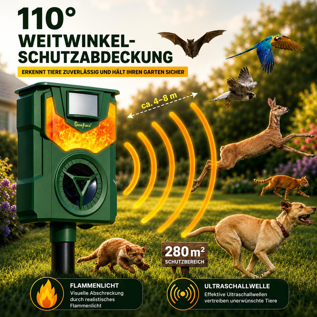 Genieforce® [2 Pack] Combat+ Smart Flammenlicht Ultraschall Tiervertreiber Tierabwehr Tierschreck gegen Katzen, Hunde, Marder, Fuchs, Vogel, Nager, Solar intelligente PIR-Sensoren - GF-BN-20