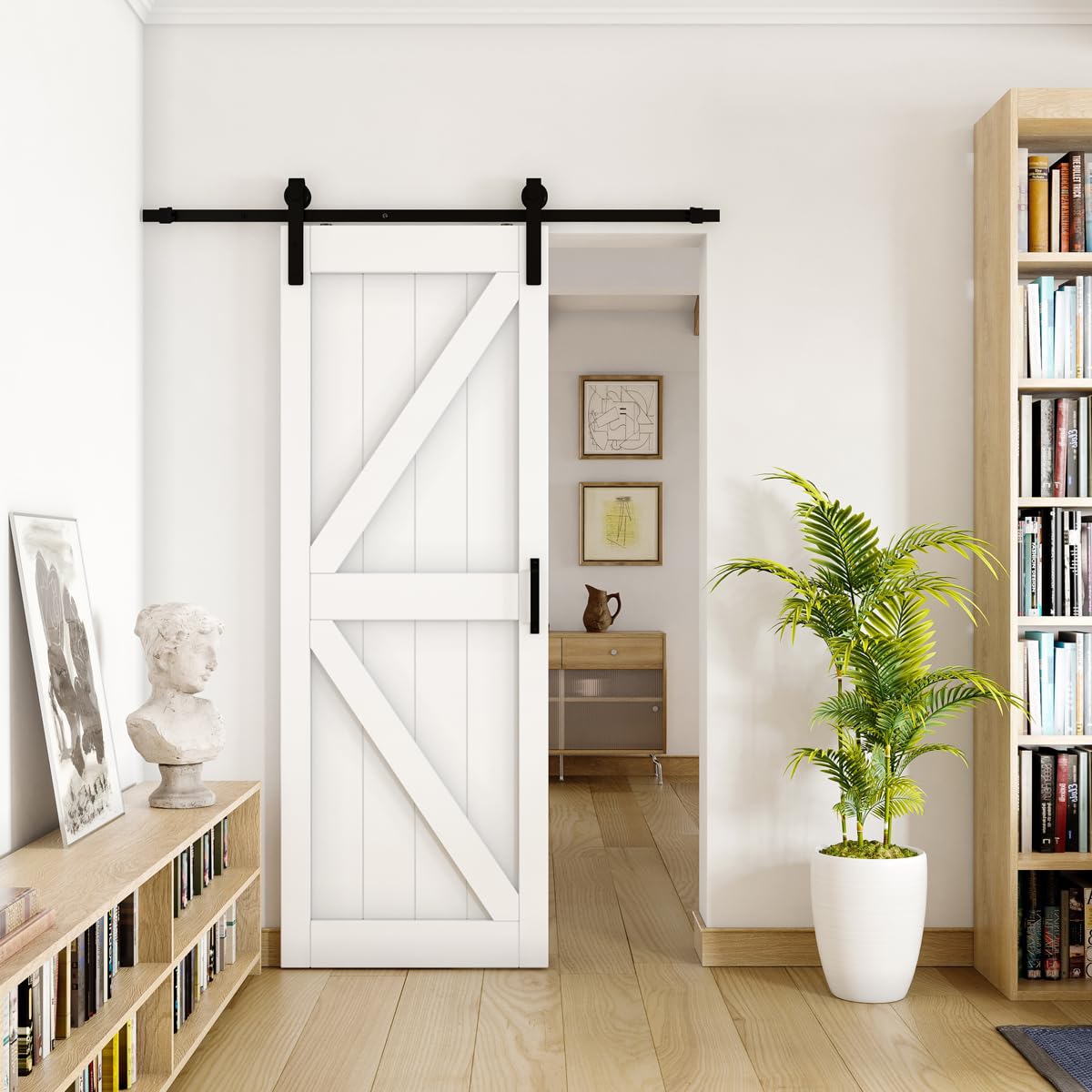 30in x 84in Sliding Barn Doors with 6ft Hardware Kit & Handle, Pre-Finished Surface, Pre-Drilled Holes Easy Assembly, Solid MDF Covered with Water-Resistant PVC Surface, K Frame, White
