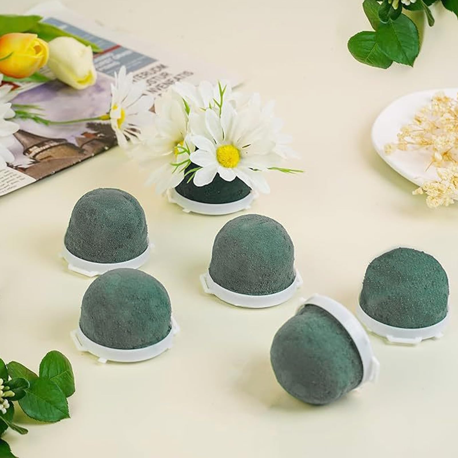Mini-Steckschaum-Halter, 24 Stück, Runde Grüne Steckschaum-Blöcke, Nasser und Trockener Blumenschaum mit Draht, Band, Blumenarrangements für Frische Blumen, Hochzeiten, Partys