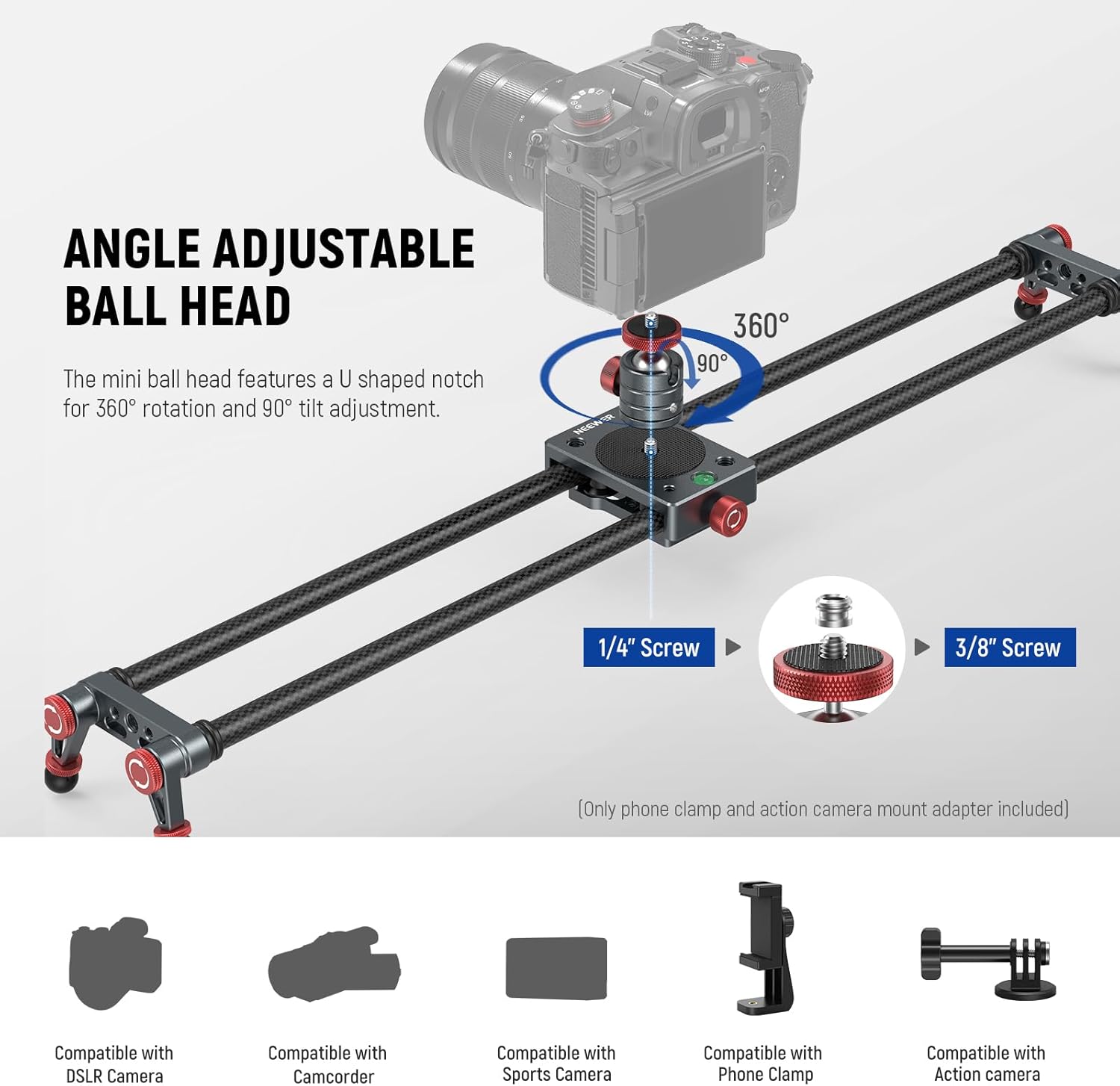 NEEWER 24in/60cm Carbon Fiber Camera Slider with 360° Ball Head/Phone Clamp/Action Camera Mount, Dolly Rail Track with 4 Bearings & Adjustable Legs, Compatible with GoPro Insta360 iPhone Android, CS2M