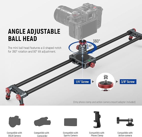 NEEWER 60 cm Carbon Fibre Camera Slider Dolly Slider Rail with 360° Ball Head/Mobile Phone Clamp/Action Camera Mount 4 Bearings and Adjustable Legs Compatible with GoPro Insta360 iPhone Android CS2M