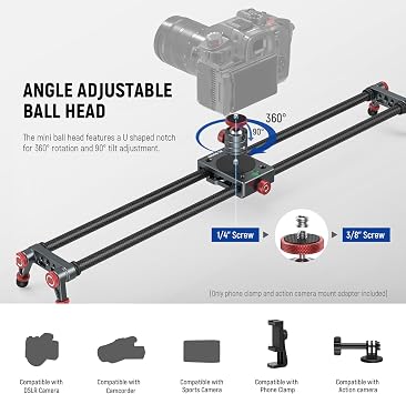 NEEWER 60 cm Carbon Fibre Camera Slider Dolly Slider Rail with 360° Ball Head/Mobile Phone Clamp/Action Camera Mount 4 Bearings and Adjustable Legs Compatible with GoPro Insta360 iPhone Android CS2M