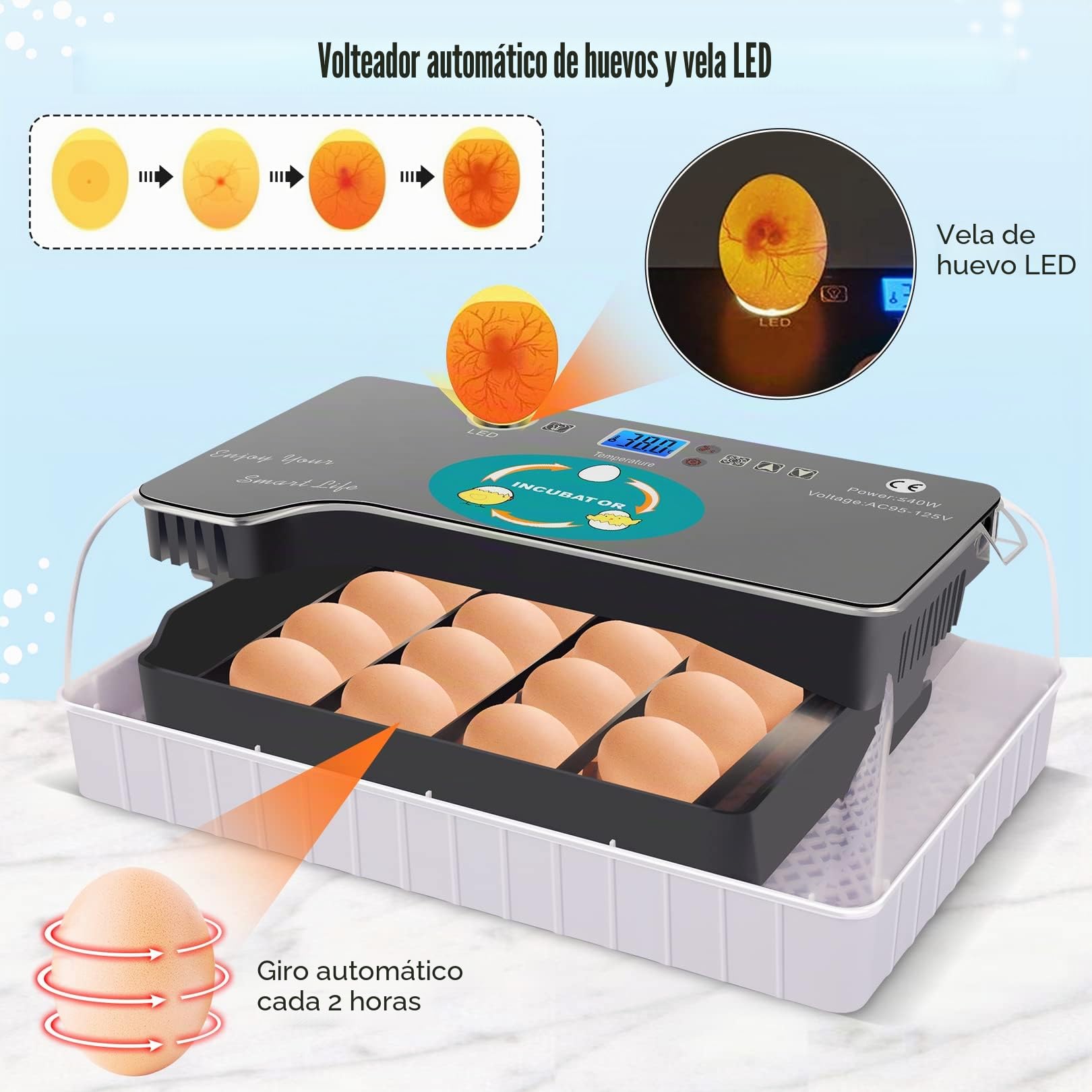 Incubadora totalmente automática para gallinas, huevos, 9-35 huevos, incubadora de huevos con iluminación LED eficiente para gallinas, pato, paloma, codorniz, pájaro