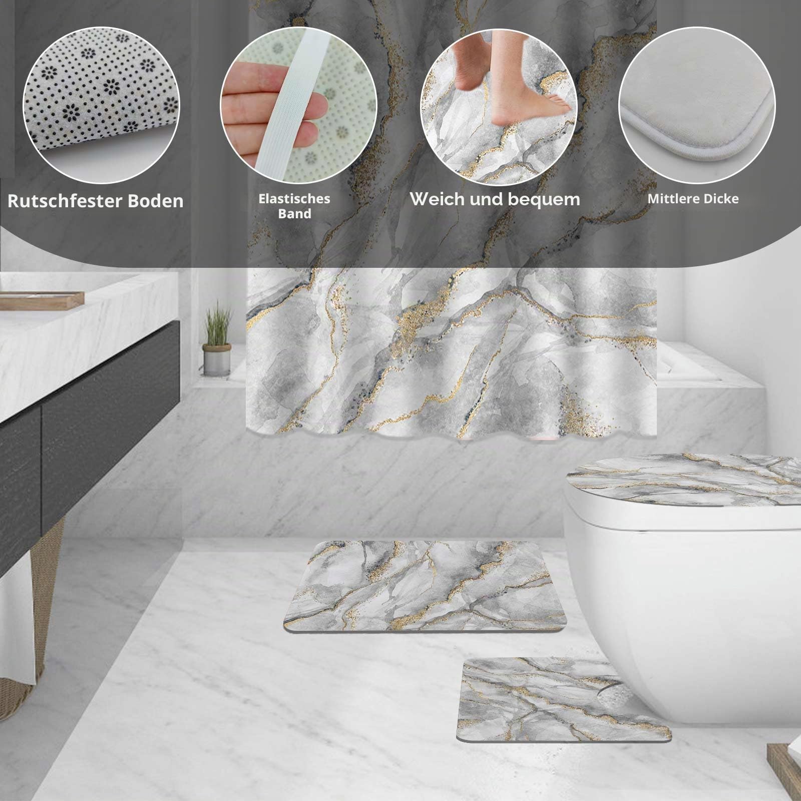 AIBIIN Marmor Duschvorhang-Sets 4-teiliges abstraktes graues Duschvorhang-Set mit rutschfesten Teppichen, moderner WC-Deckelbezug und Badematte, Badvorhang für Badezimmer-Dekor (Haken im Lieferumfang