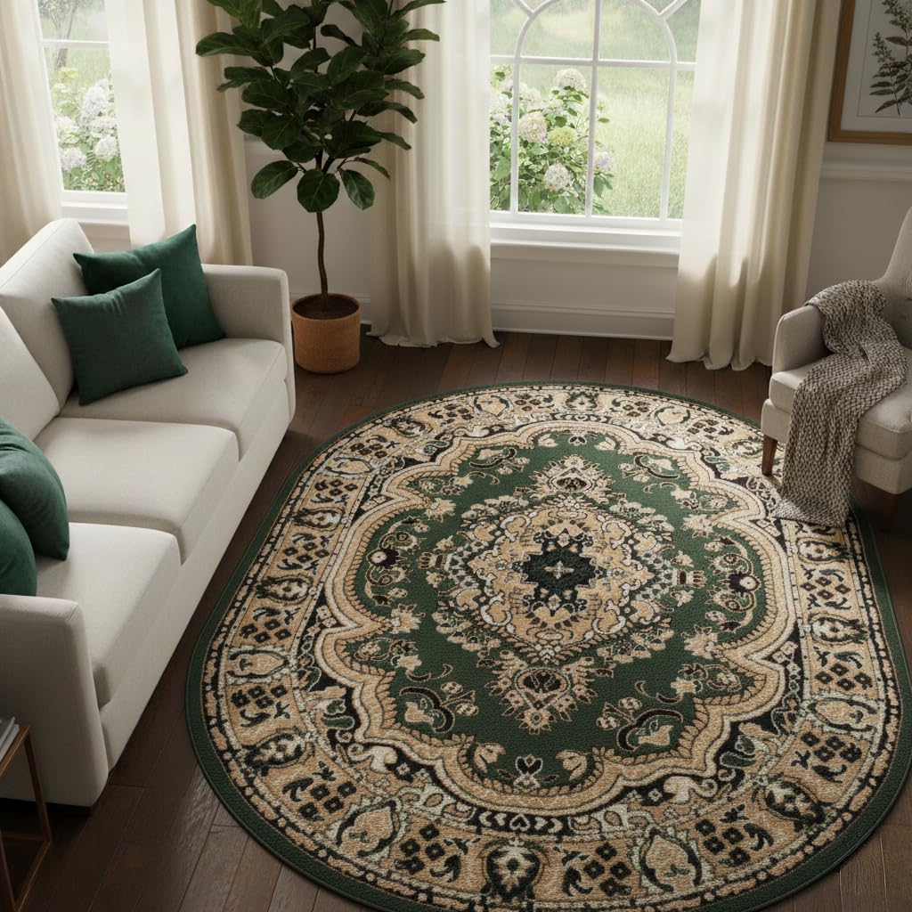 TAPISO Atlas Oval Teppich Kurzflor Oriental Ornament Blumen Floral Grün Beige Bordüre Medaillon Wohnzimmer Schlafzimmer Vintage Modern ÖKOTEX 200 x 300 cm