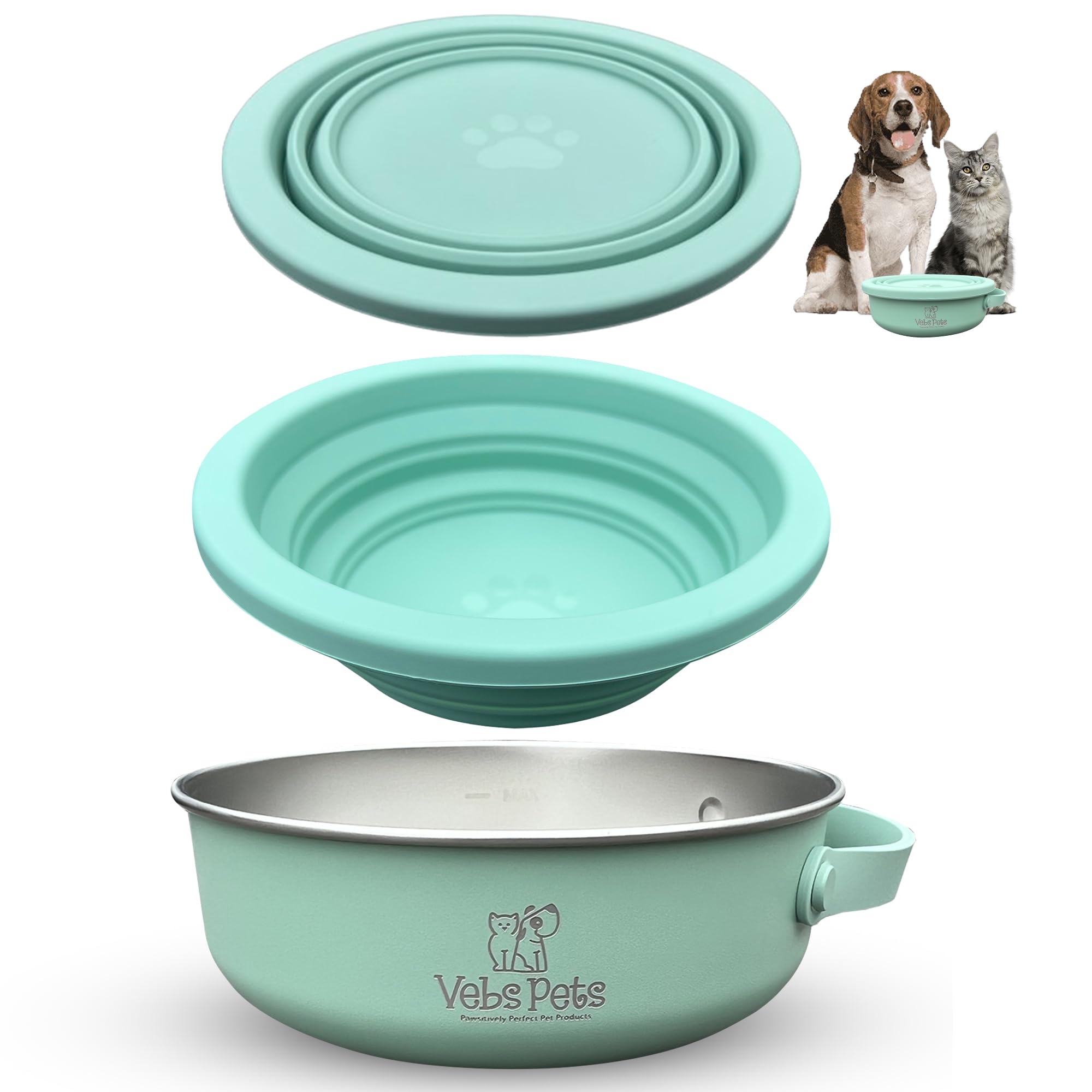 Vebs Pets- Stainless Steel Dog Bowl 30 oz, W/Collapsible Bowl Lid 20 oz W/Handle, Leak Proof, Non Slip, for Food & Water for Dogs & Cats, Medium Dogs,