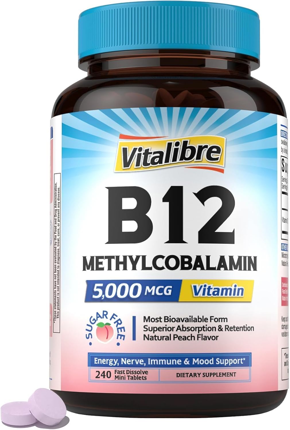 Vitalibre Vitamin B12 Sublingual 5000 mcg, Methylcobalamin, Bioactive Form, High Absorption, Vegan, Natural Peach Flavor, 240 Fast Dissolve Mini Tablets, No Sugar