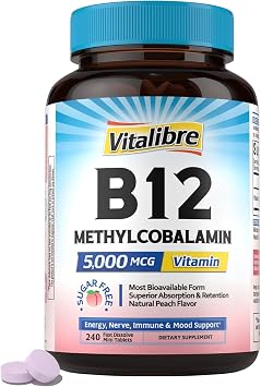 Vitalibre Vitamin B12 Sublingual 5000 mcg, Methylcobalamin, Bioactive Form, High Absorption, Vegan, Natural Peach Flavor, 240 Fast Dissolve Mini Tablets, No Sugar