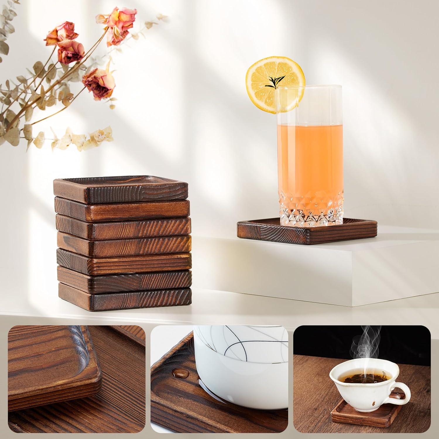 Wooden Coasters for Drink-Coasters Set of 8,Acacia Wood Drink Coasters Set for Coffee Table Decor, Modern Cup Coaster for Kitchen Accessories Cute Beer Bar Decorative Rustic Outdoor Coasters - Image 3