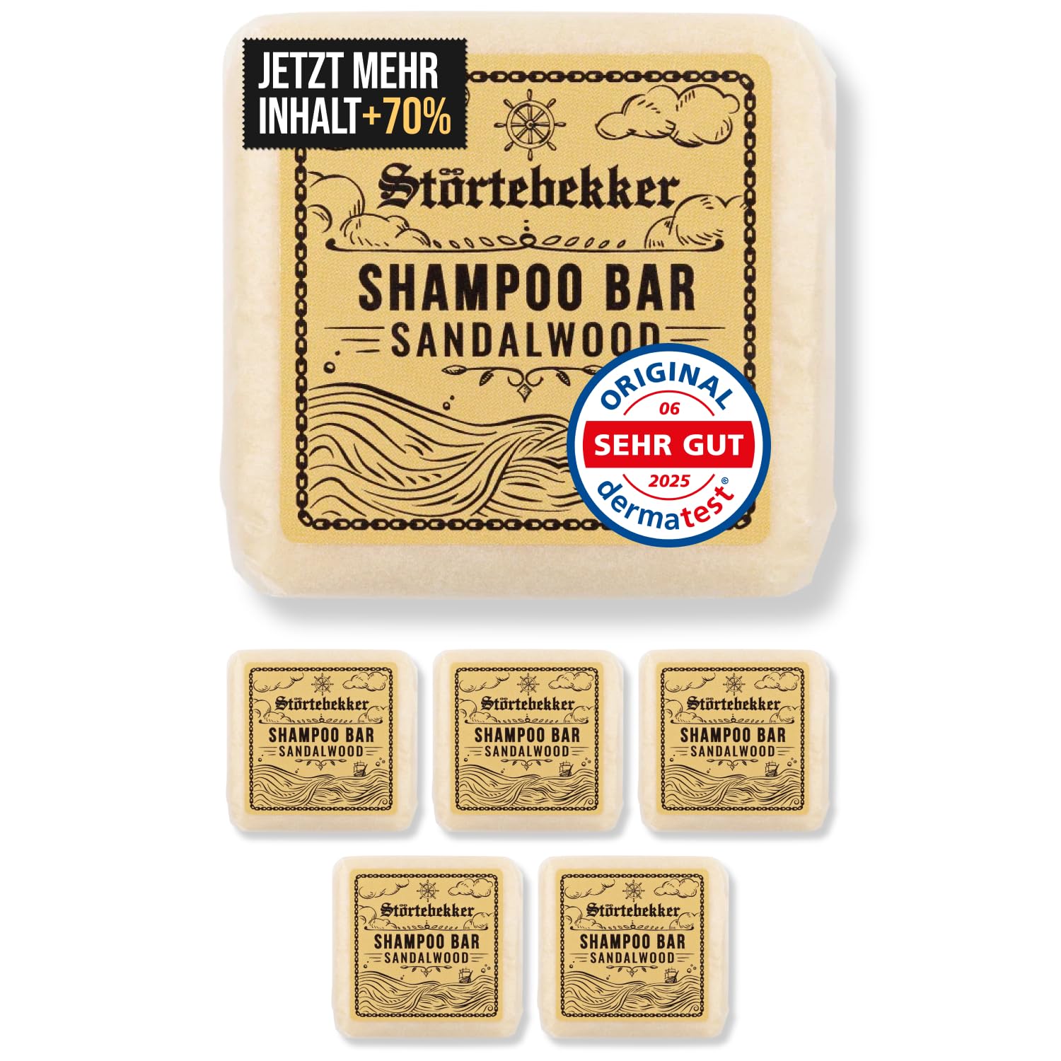 Störtebekker® Premium Shampoo Bar Sandelholz 6x - Festes Shampoo Herren & Damen - 3in1 Duschseife Männer für Haare, Kopfhaut & Bart - Feuchtigkeitsshampoo - vegan, handgefertigt - 6x 100g