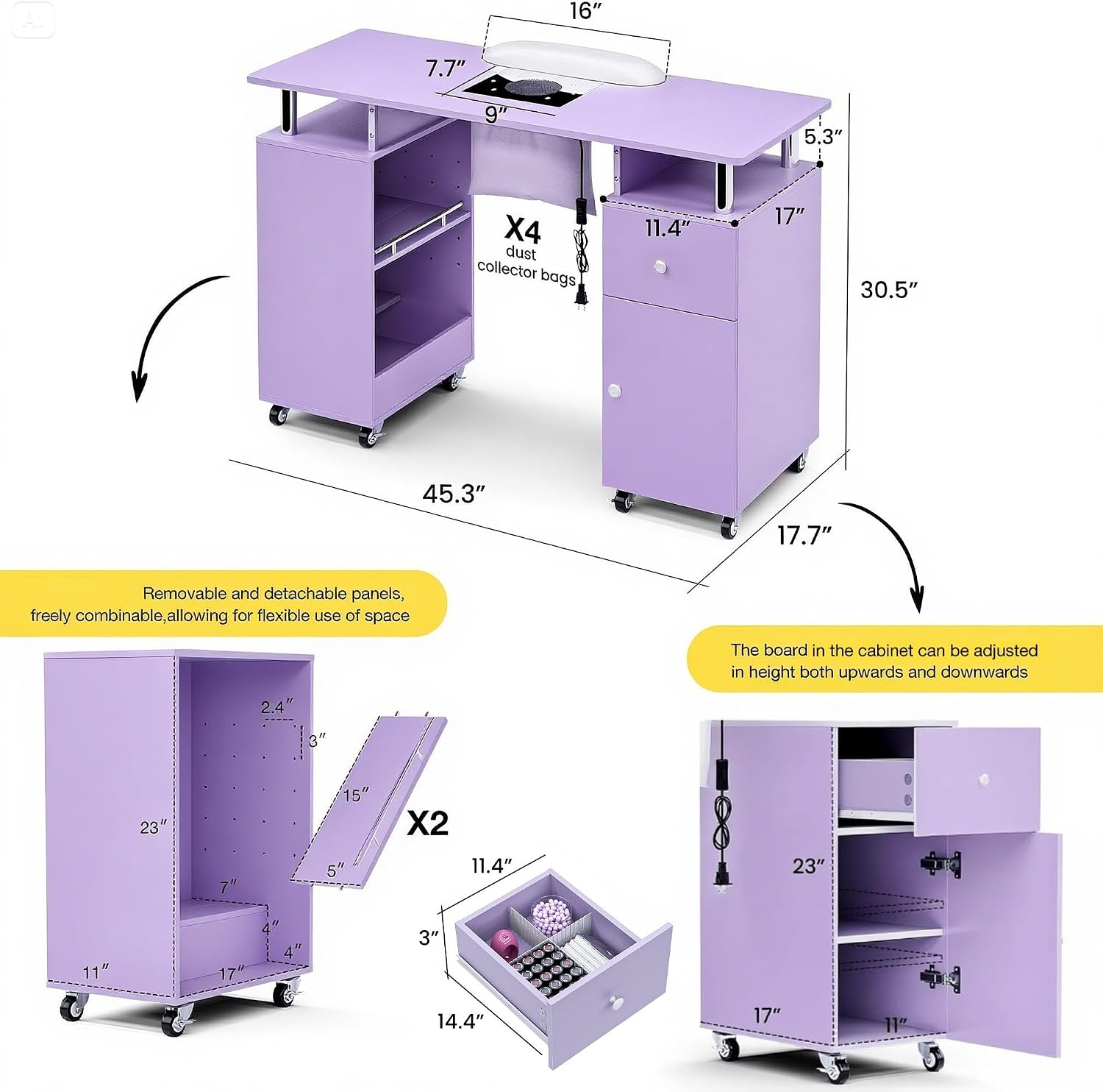 Manicure Table, Nail Desk Nail Tech Table with Dust Collector, Arm Rest, Wheels, Drawer & Cabinet, Beauty Salon Station, Purple