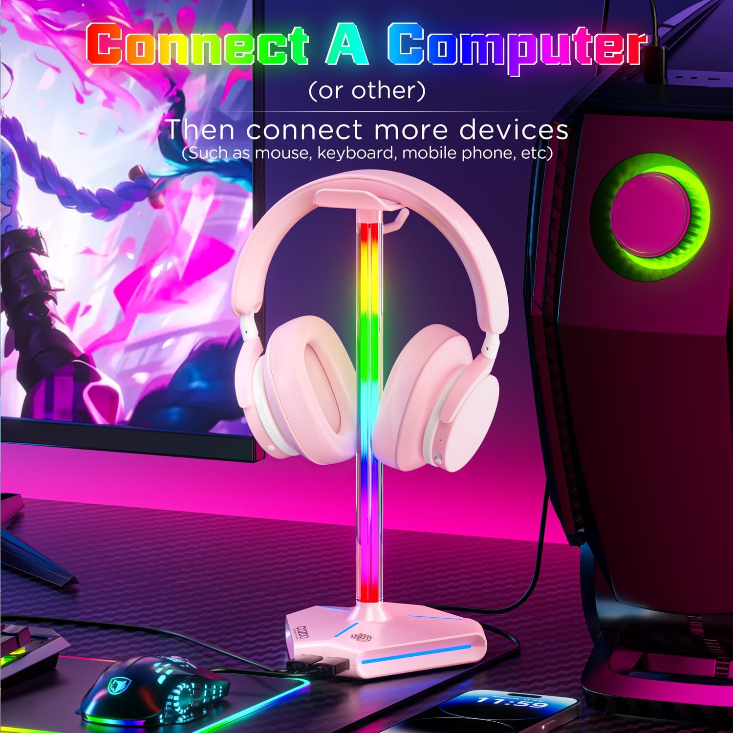 Pink RGB Headphone Stand with 2 USB Ports & Extension Cord, Gaming Headset Stand for Desktop Table, PC Gaming Accessories, Gifts for Girlfriend,Teen Boys Girls, Gaming Setup Organizer - Image 4