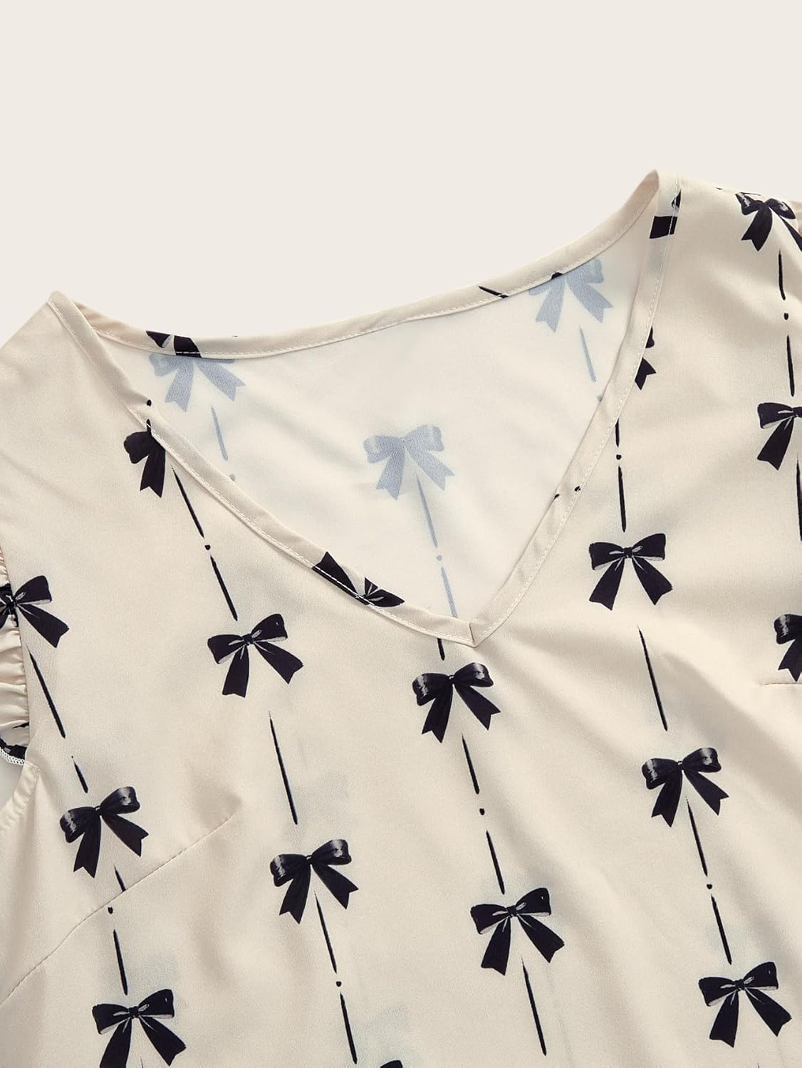 Women's Summer Bow Print Ruffle Sleeve Blouse Elegant V Neck Work Office Shirts - Image 4