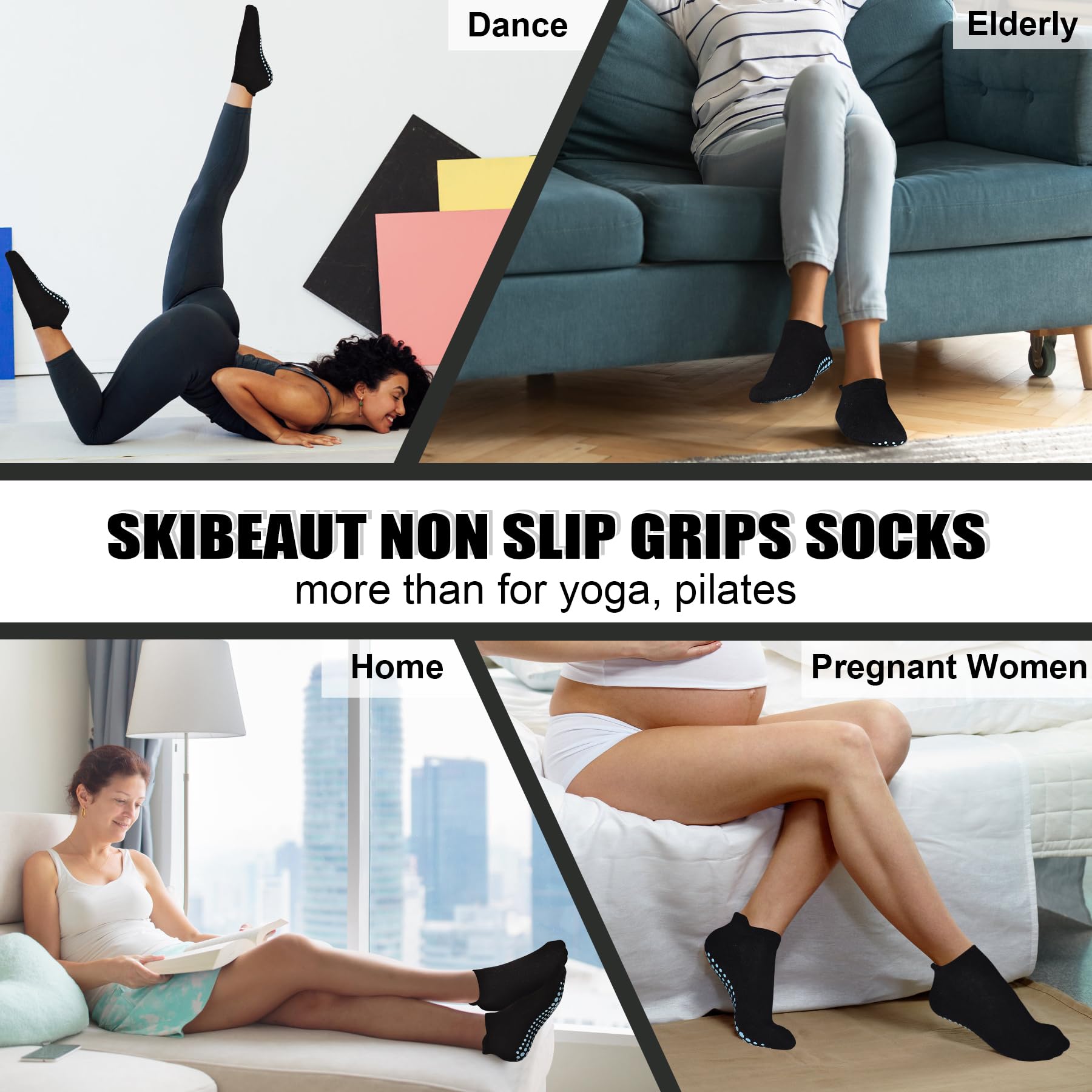 SkiBeaut Grips - Calcetines antideslizantes para mujer, 4 pares de calcetines antideslizantes para yoga, pilates, hospitales (5-12)