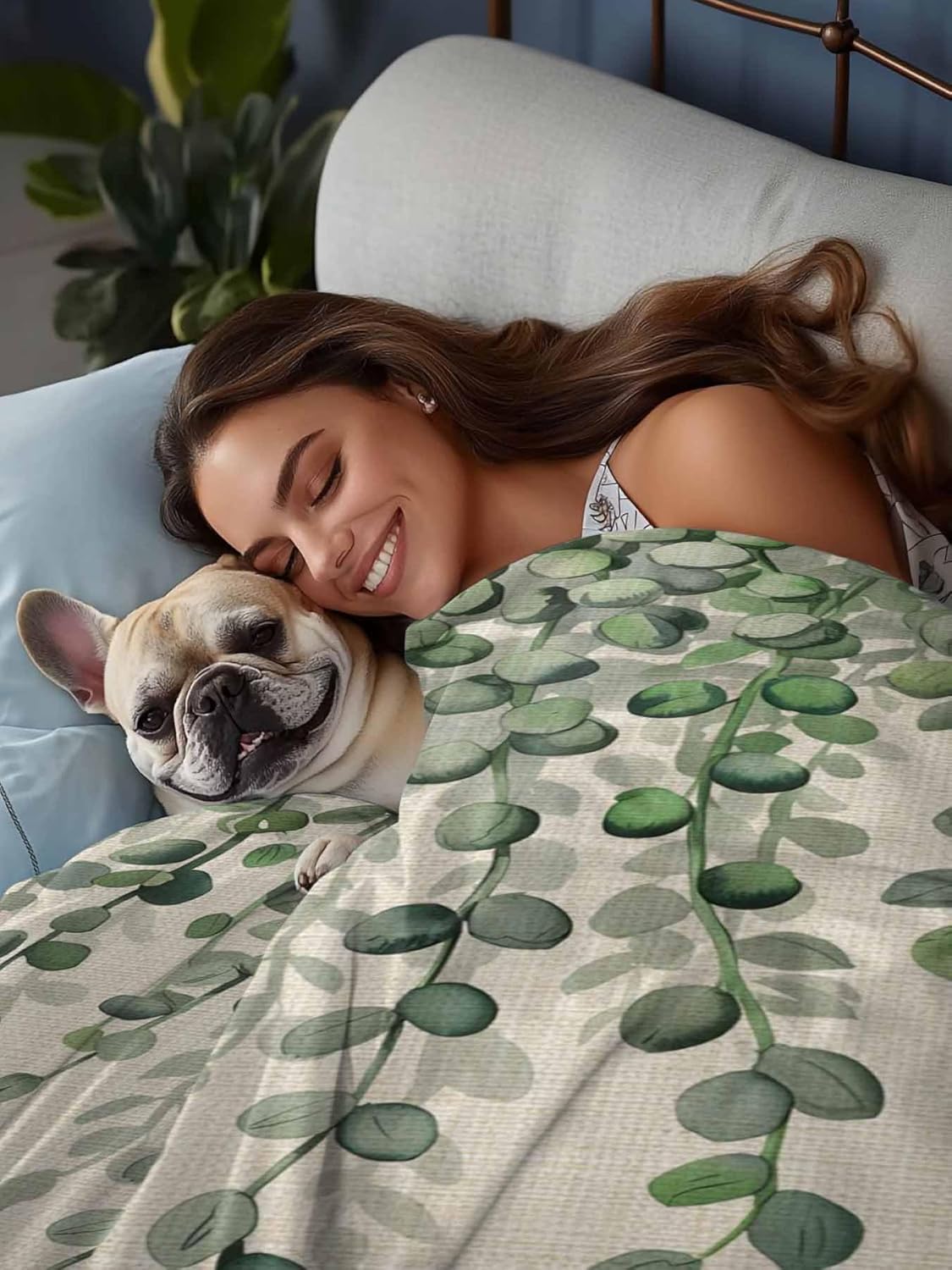 Top Sheet Twin XL Bedding Flat Sheet Only, Spring Watercolor Eucalyptus Leaves Microfiber Bed Sheets Soft Breathable Bedding Flat Sheets, Leaves on Linen Hotel Luxury Top Sheets