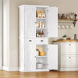 DWVO 72'' Farmhouse Kitchen Pantry, Rustic Wood Kitchen Storage Cabinets with Adjustable Shelves & Drawer, Tall Freestanding Cupboard for Dining Room, Living Room, White