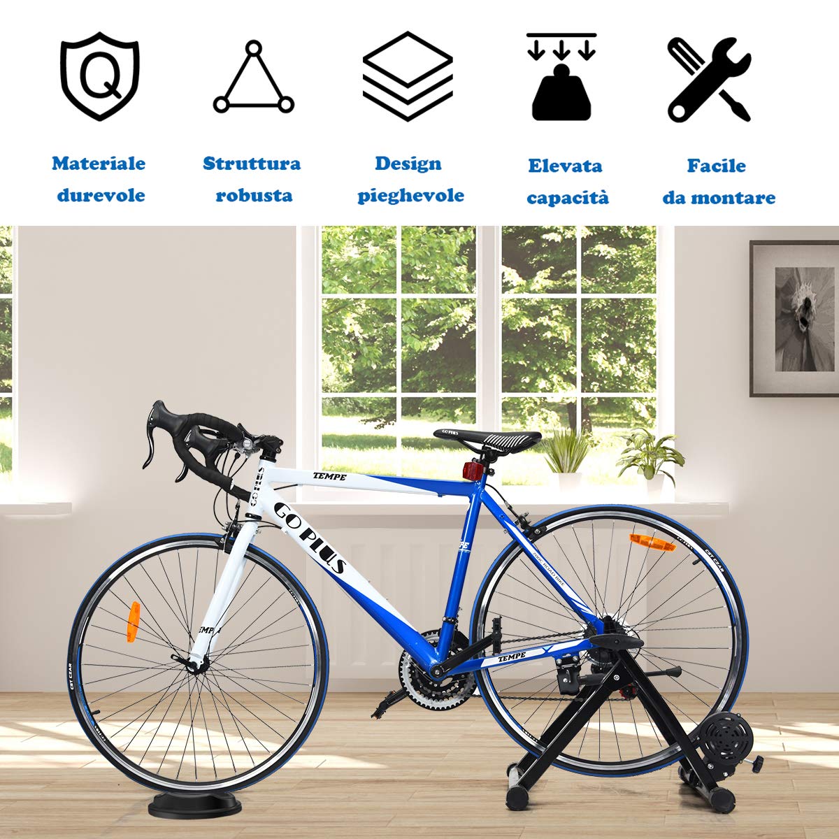 GOPLUS Rullo Allenamento da Ciclismo, per Ruote di 26-28 Pollici, Senza Filo, Pieghevole da Trasport e Stoccaggio, Fissato da Pomolo, Ideale per Interno, Acciaio, 54x50x39,5 cm, Nero