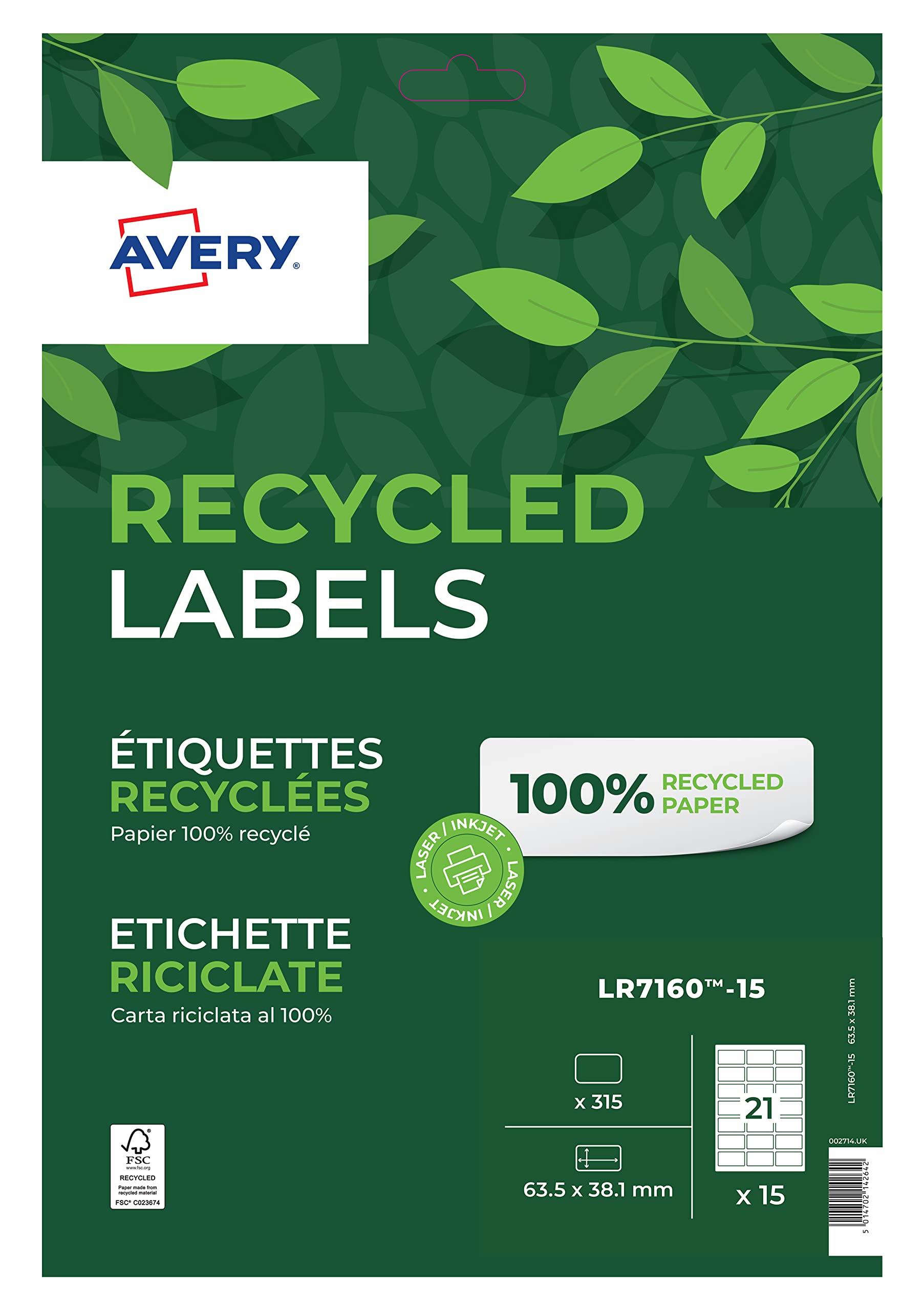 Avery 100% Recycled Spine Labels For Narrow Files Lr4760 White 100 Sheets Of 7 Labels