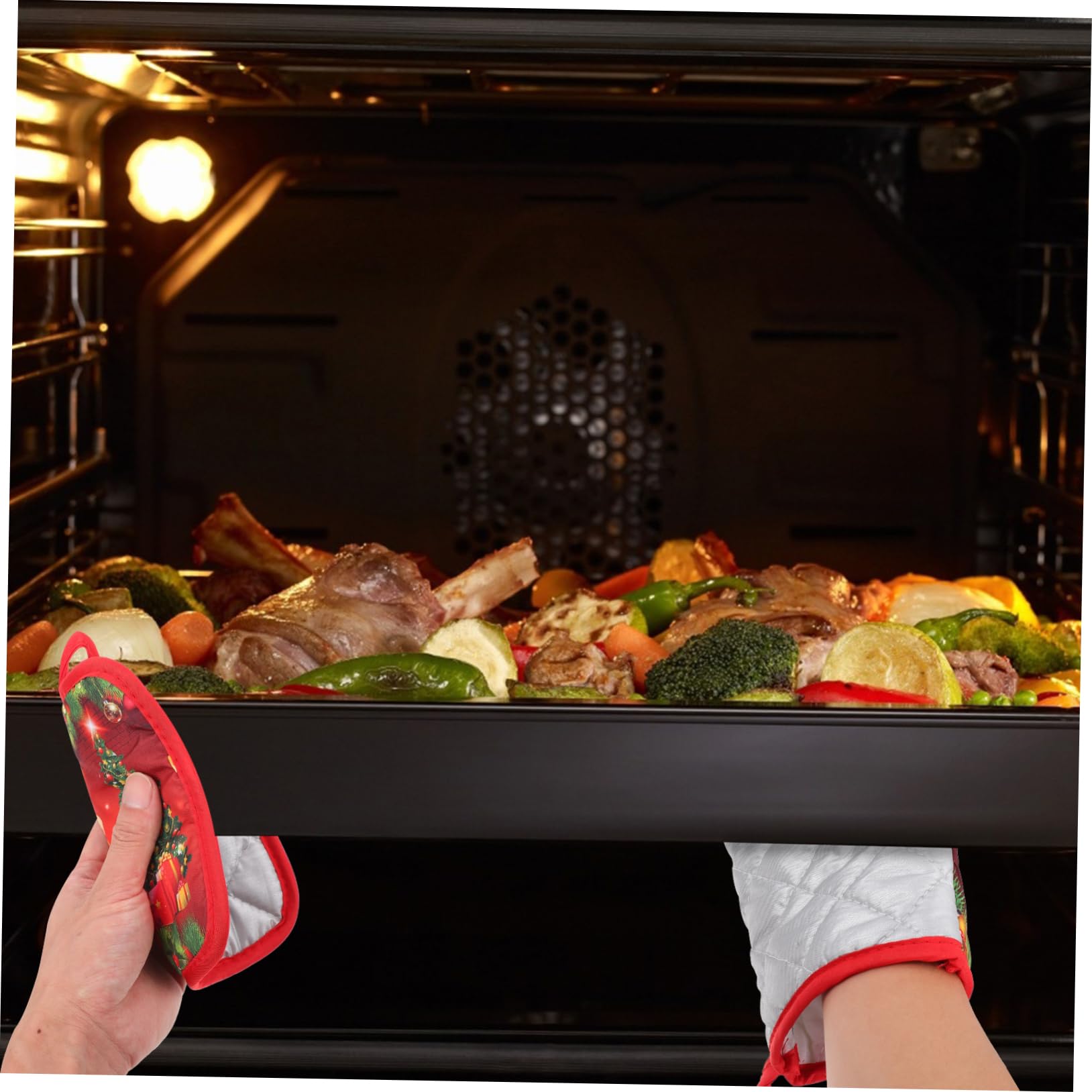OUNONA Guantes De Cocina Resistentes Al Calor y Antiescaldaduras, Tamaño Estándar, Material Seguro Antideslizante, Unisex, para Horno, Microondas y Barbacoa, Set De 4 Piezas Diseño Navideño Rojo