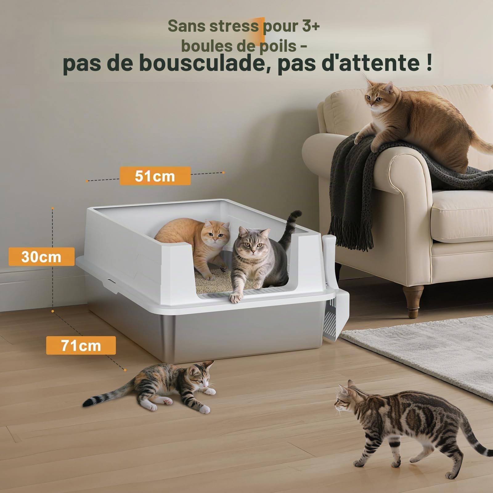 MIXJOY Bac à litière pour chat XXXL en acier inoxydable - Extra large - 71 x 51 x 30 cm - Convient pour les grandes races de chats et les foyers à cathédrales multiples - Modèle grand format à bords