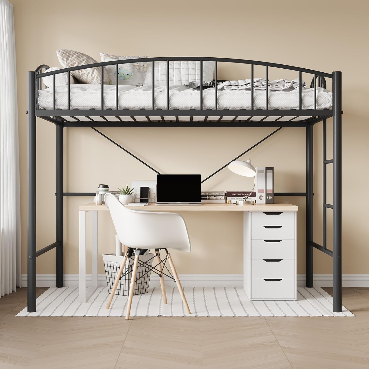 IDEALHOUSE Loft Bed Twin Size with Ladder and High-Arched Guardrail, Sturdy Metal Slats, Space-Saving Design, Modern Decor Style, Easy Assembly, No Box Spring Needed, Safe for Kids/Adults, Black