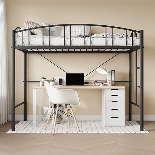 Miniatura 3 de Cama alta con escalera y barandilla arqueada, seguridad mejorada con barandilla de 15 pulgadas y soportes antipunta, listones de acero resistentes