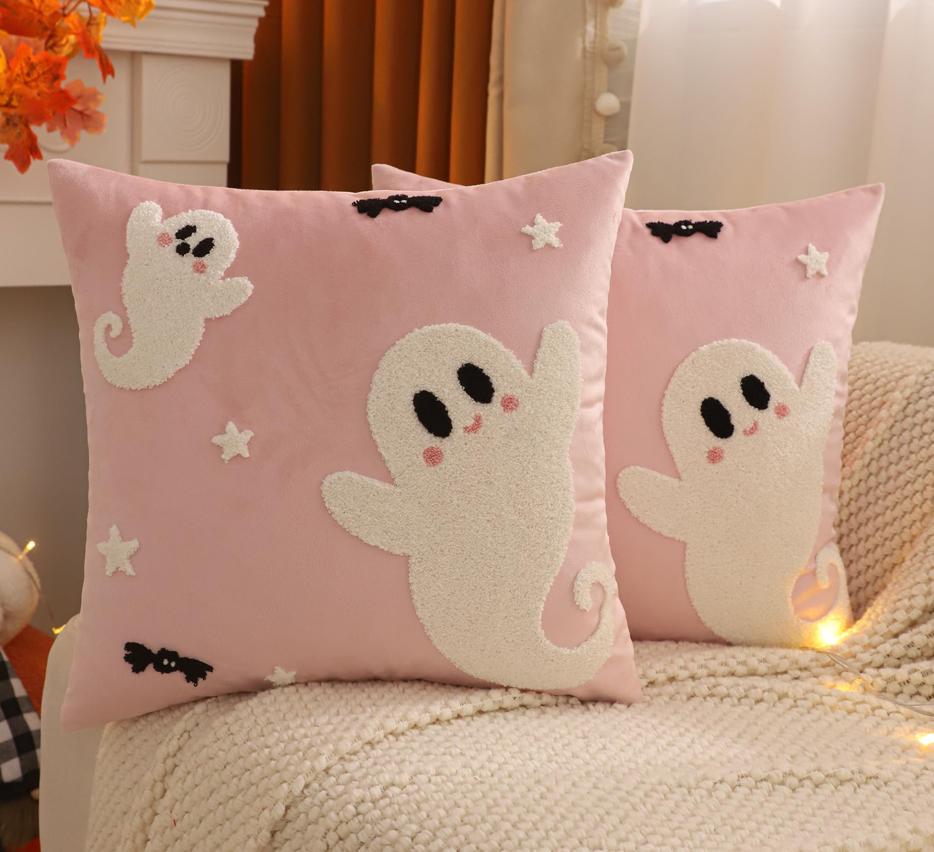 Halloween Kissenbezug aus Samt 45x45cm 2er Set Rosa Geist Dekokissen | Dekokissen Schwarz für Party Halloween Indoor Outdoor Decor Couch Überwurf Kissen Fälle Sofa Heimdekoration Wohnkultur