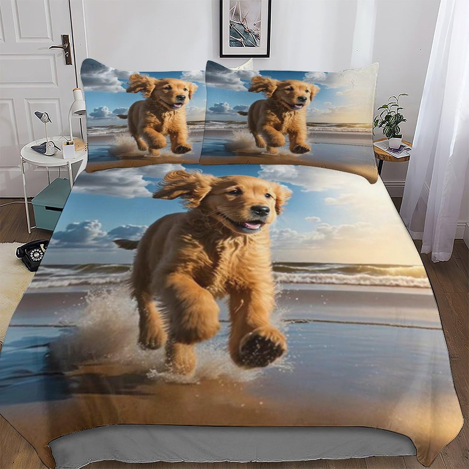 Parure de lit microfibre hypoallergénique avec housse couette motif chien King 220x240 cm