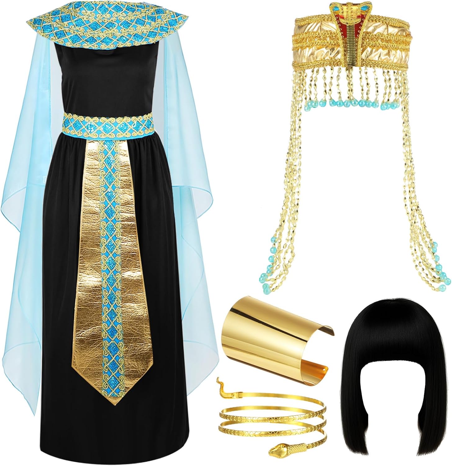 Yunlly 5 Pcs Halloween Egyptian Costume Women Black Bob Wigs Egyptian Headpiece Snake Bracelet Arm Cuff and Bangle Bracelet