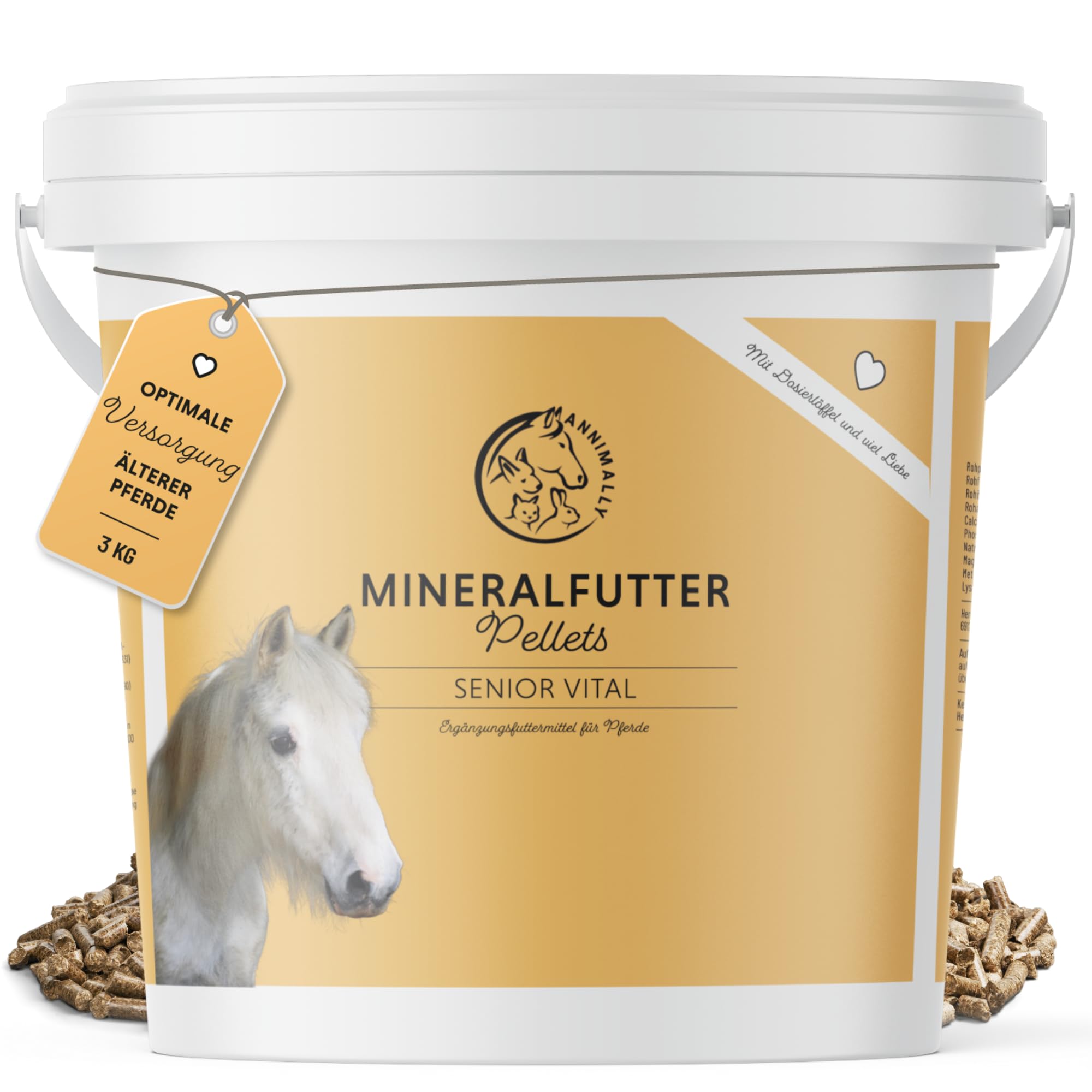 Annimally Senior Mineralfutter Pferde getreidefrei - Ergänzungs Pferdefutter für Senior Pferde mit Vitaminen, Mineralstoffen und Spurenelementen, wie Zink, Selen, Omega 3 & Jod (3 kg Eimer)