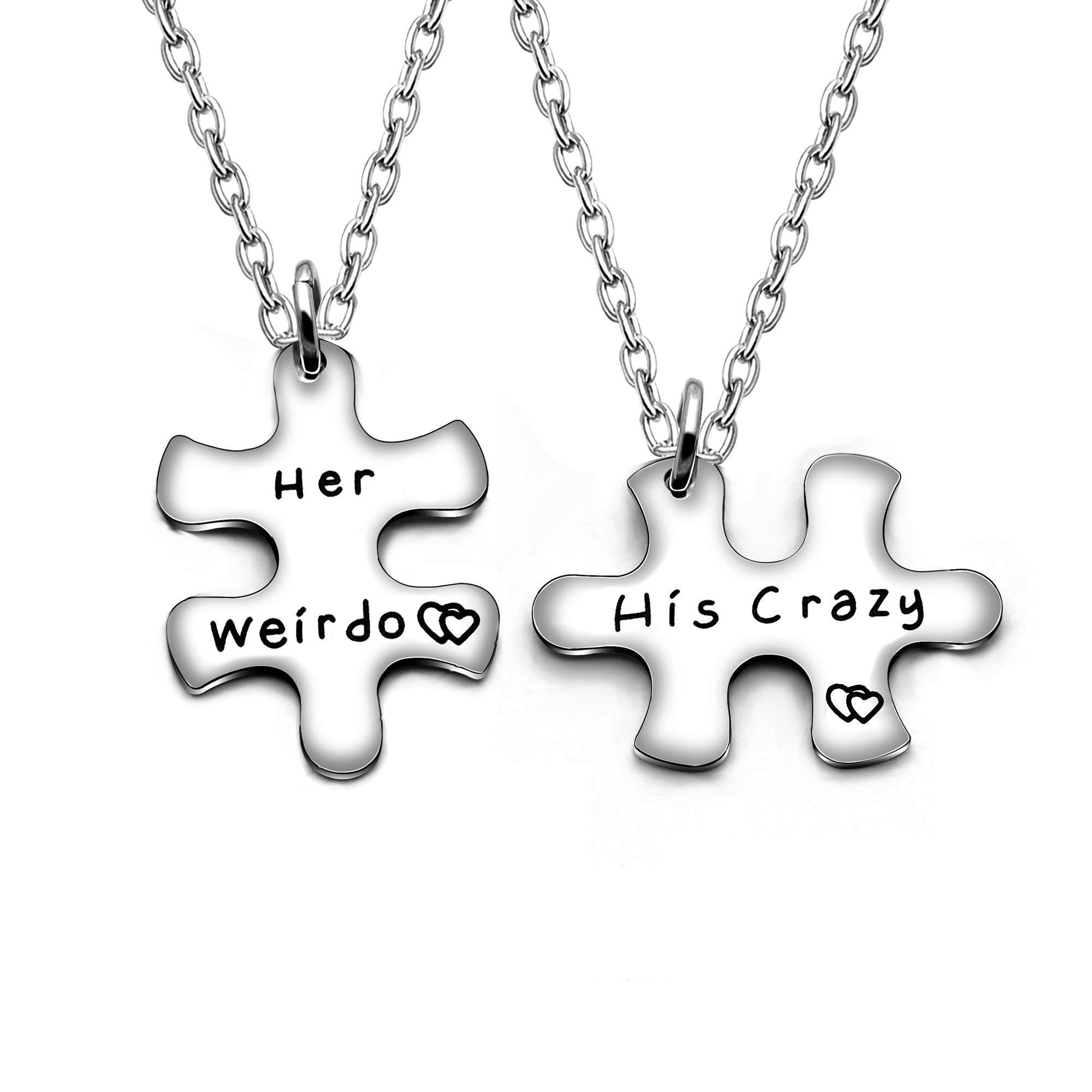 JewelryWe Joyas - Collar Para Enamorados O Novios, Pareja De Acero Inoxidable Con Circonitas, Her Weirdo His Crazy, Acero Inoxidable Color Negro