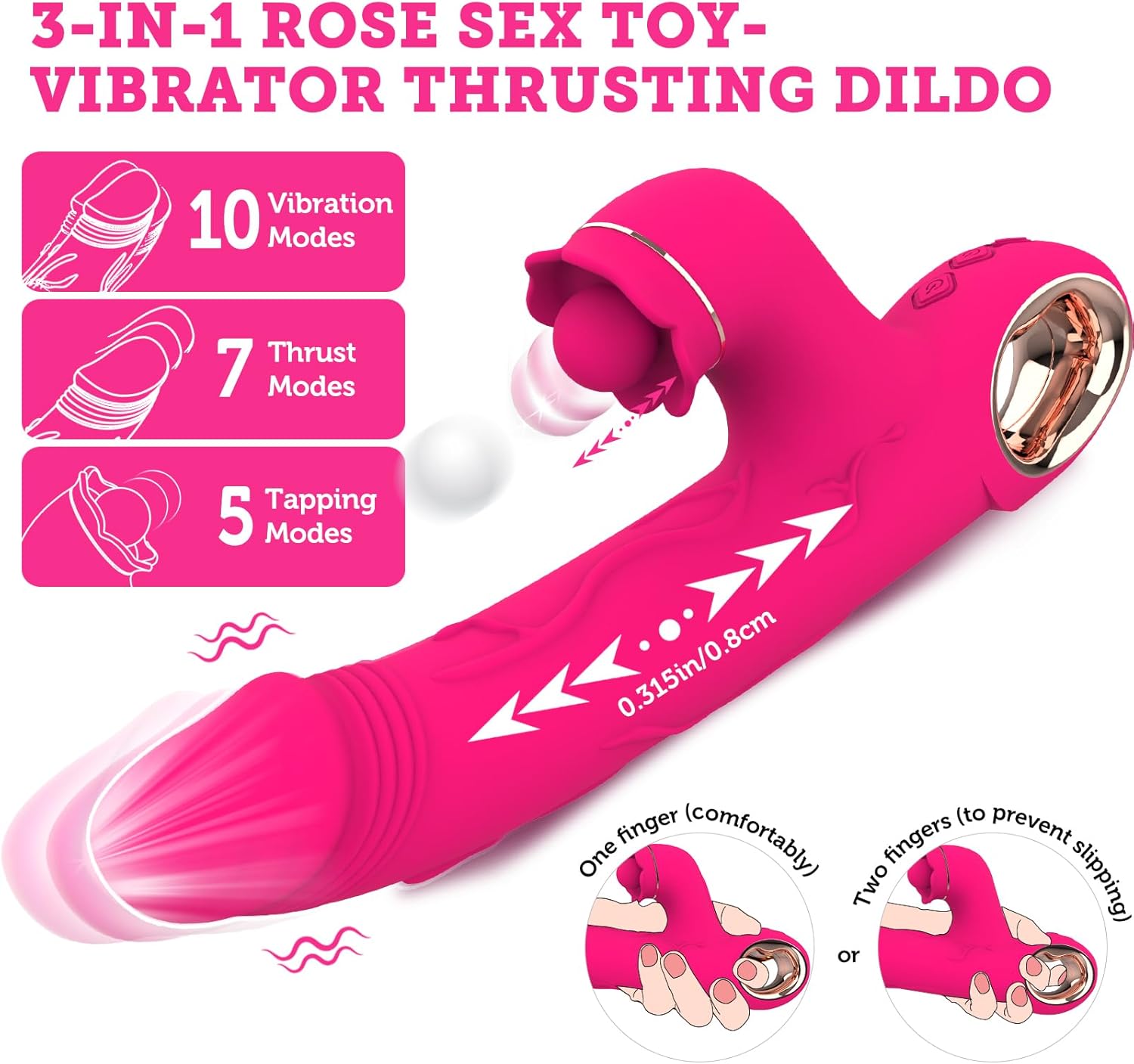 Vibrator Thrusting Dildo, Wordone 3 in 1 Rose Sex Toy-G Spot Vibrator with 7 Thrusts, 5 Taps&10 Vibrations, Silicone Dildos Vibrators Nipple Toy, Rabbit Vibrators Adult Toys for Women and Couple