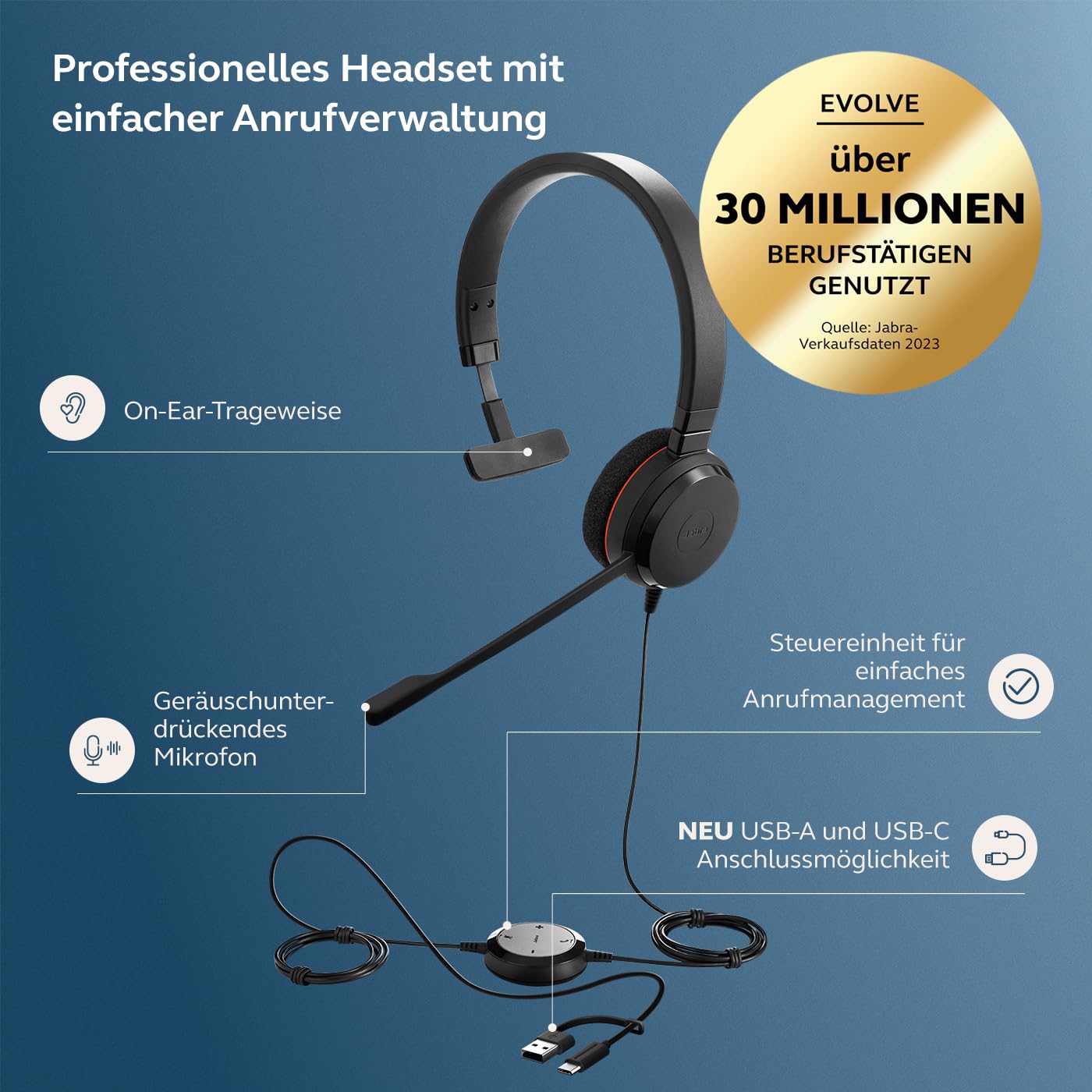Jabra Evolve 20 Mono Headset - Microsoft Zertifizierte Kopfhörer für VoIP Softphone mit passiver Geräuschunterdrückung - USB-C/A - Schwarz