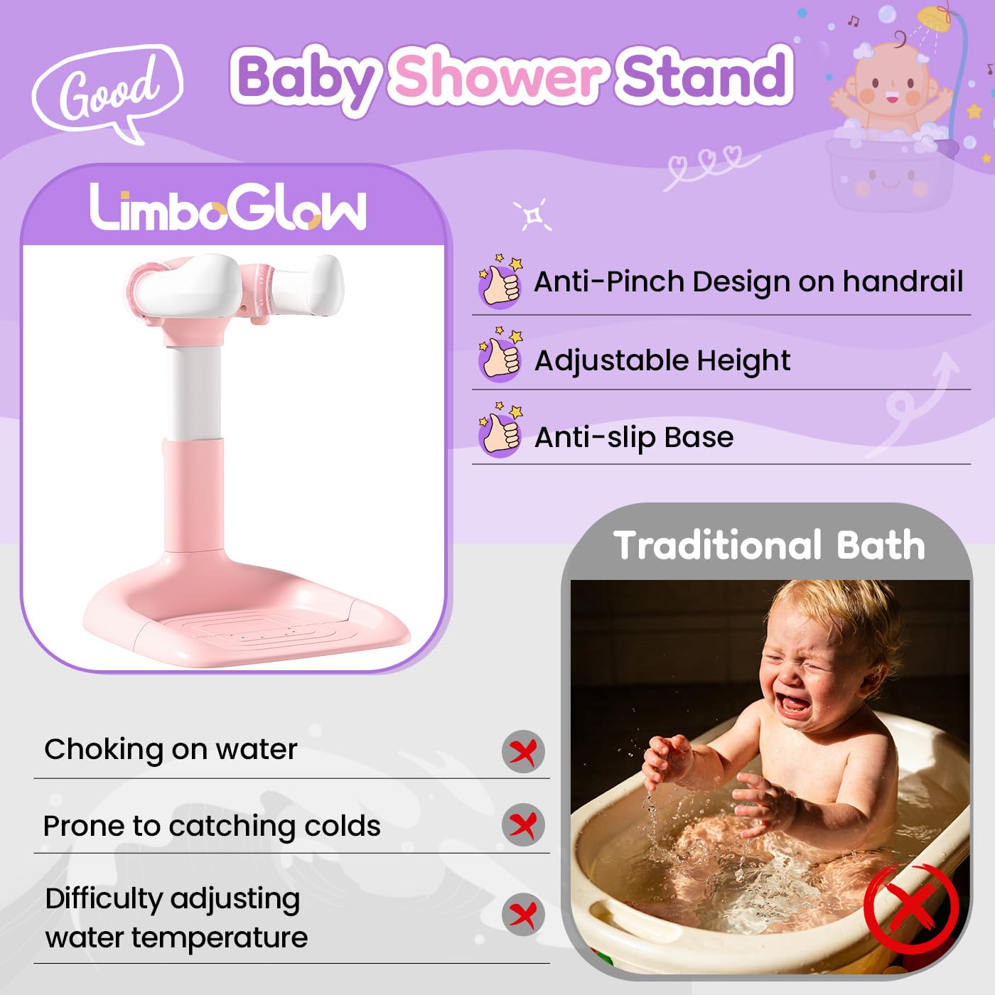 Upgraded Baby Shower Stand with Anti-Pinch Silicone & Anti-Slip Base, Adjustable Height Soporte para Bañera de Bebé, Baby Bath Standing Support Assist Holder for 6-36 Months Toddler, Ideal Gift, Pink